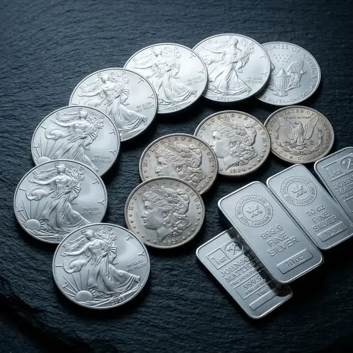 Silver bullion coins and bars